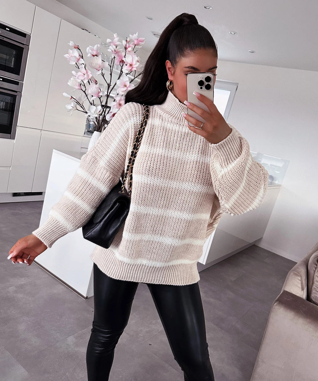 Loose striped contrast knit pullover with a semi high neck🌹