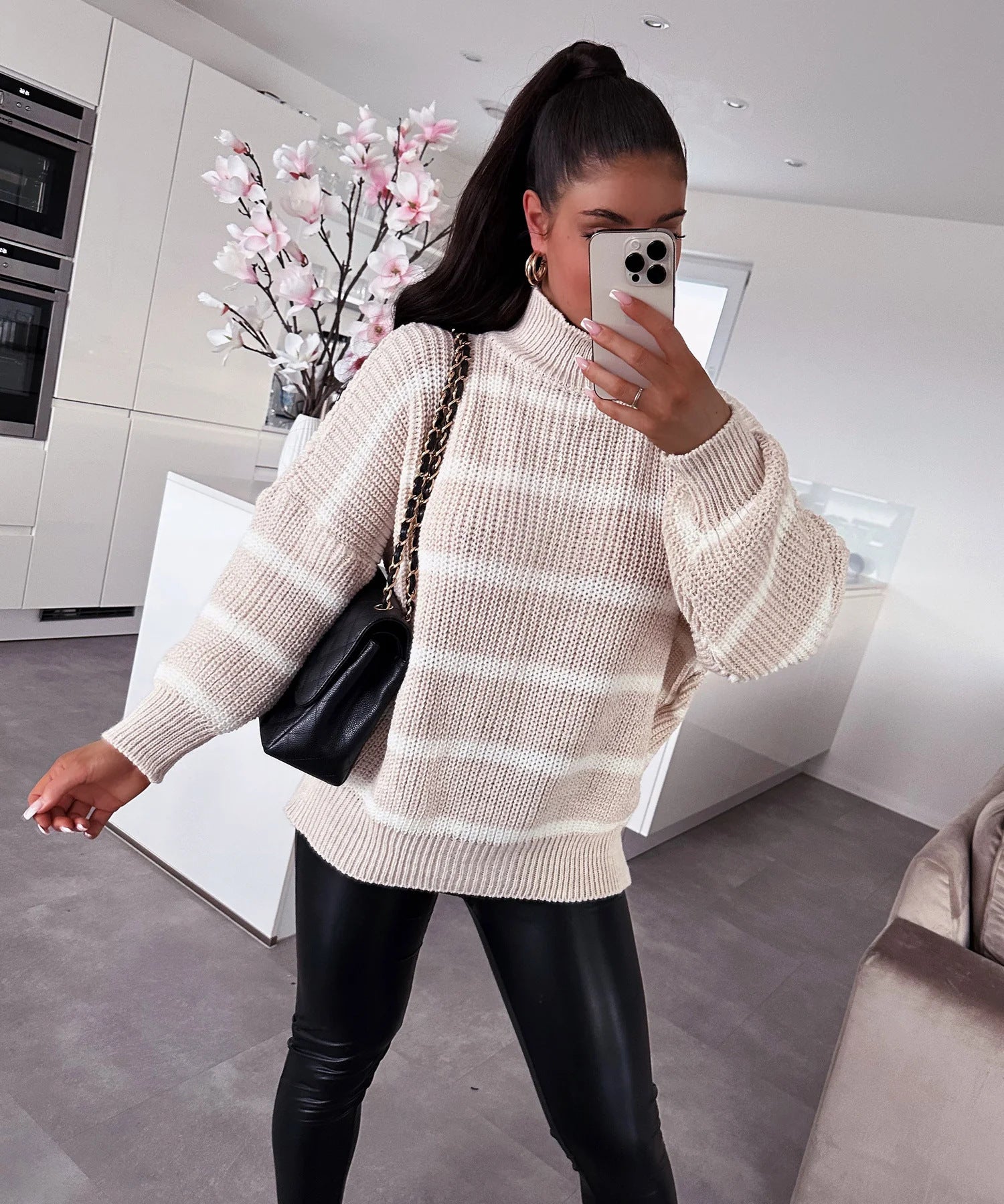 Loose striped contrast knit pullover with a semi high neck🌹