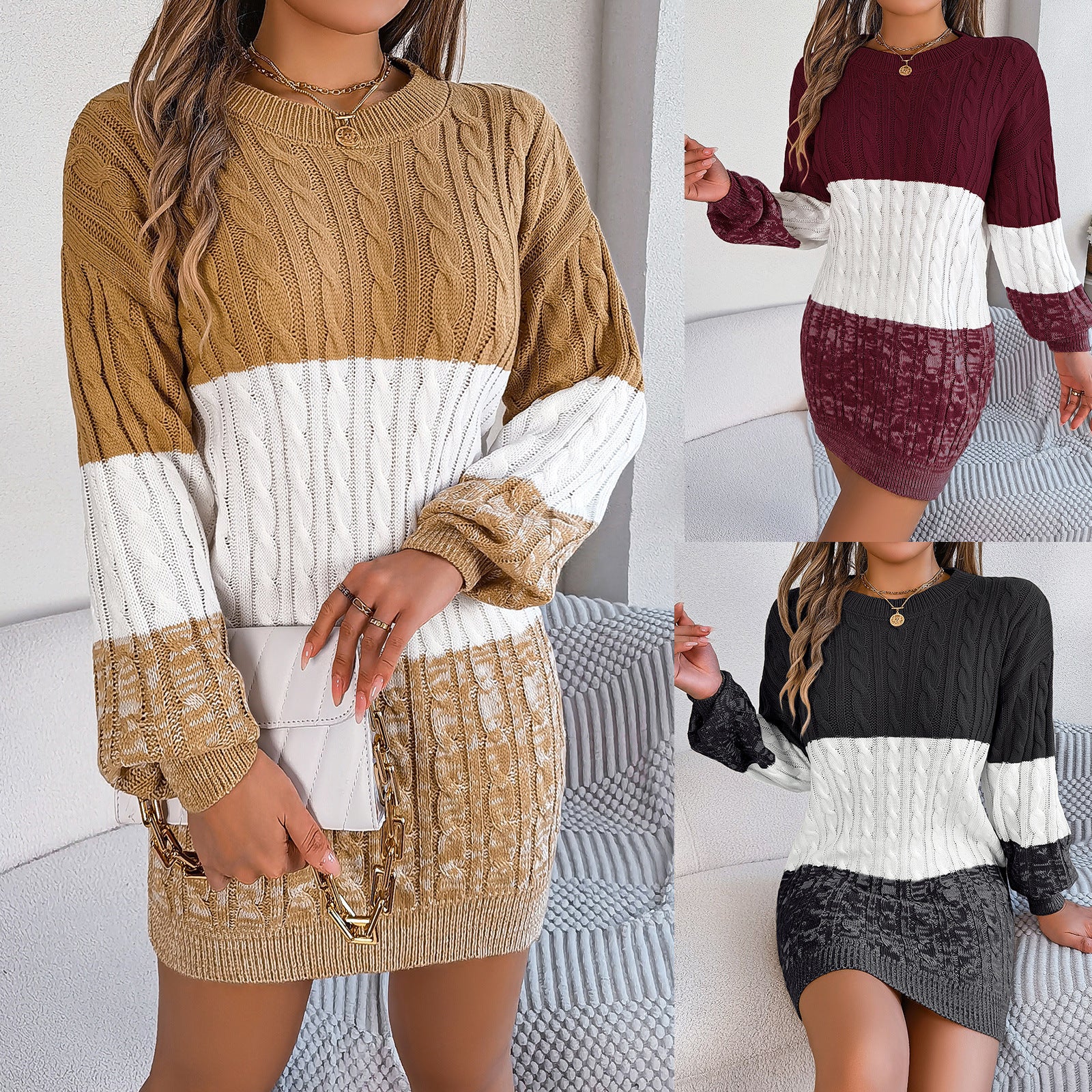 Cozy beige knit sweater dress with twisted lantern sleeves comfort meets autumn chic🌹