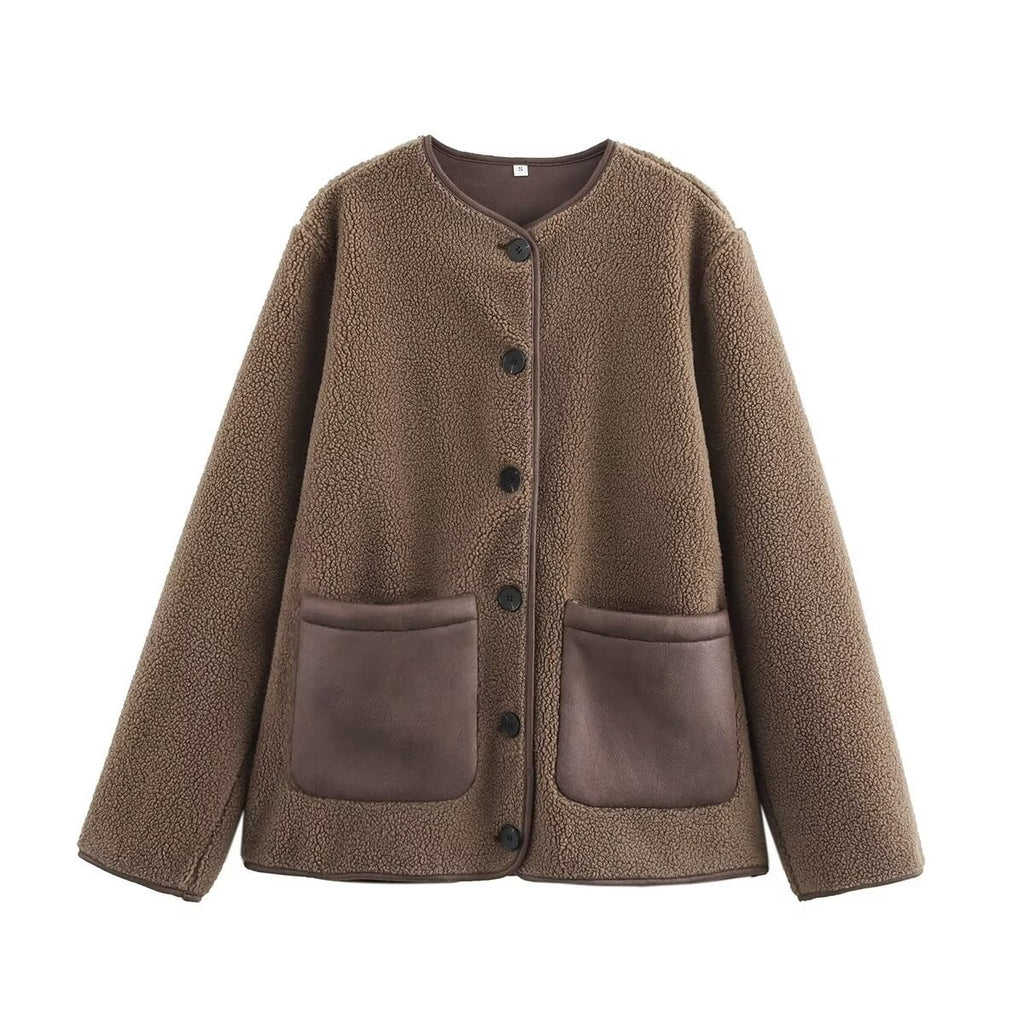 Brown round neck loose lamb plush color blocked fur one-piece coat🌹