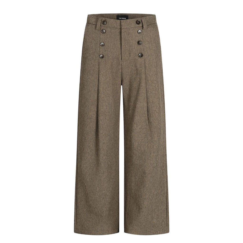 Trousers with Button Design and Pleated Loose Fit Blended Brown Casual Long Pants🌹