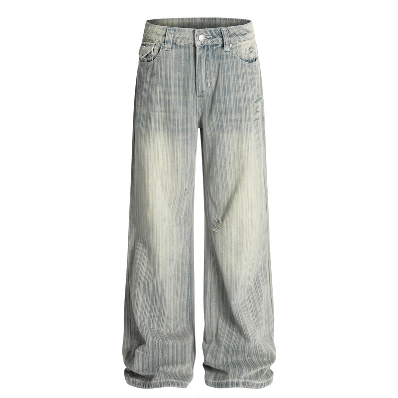 Streetwear Vintage Vertical Striped Distressed Denim Pants