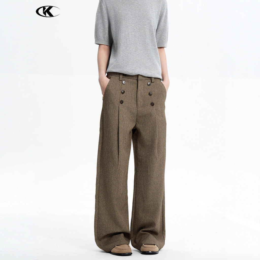 Trousers with Button Design and Pleated Loose Fit Blended Brown Casual Long Pants🌹