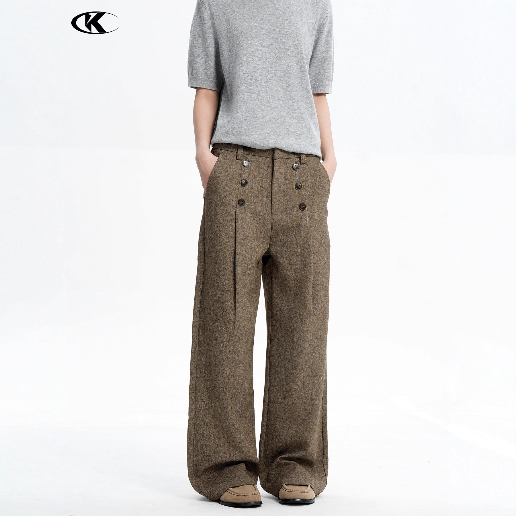 Trousers with Button Design and Pleated Loose Fit Blended Brown Casual Long Pants🌹
