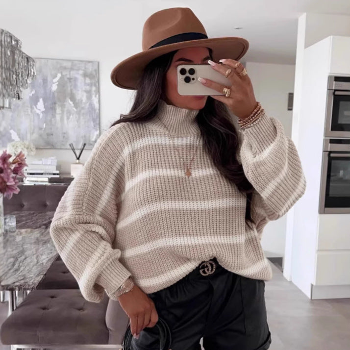 Loose striped contrast knit pullover with a semi high neck🌹