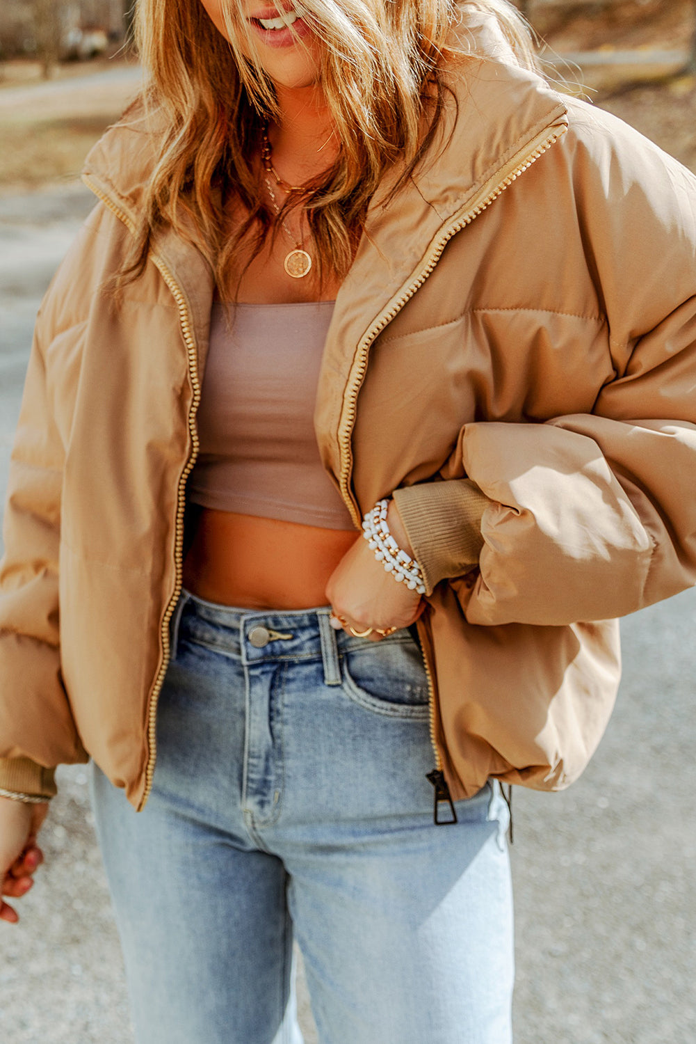 Brown Zip Up Pocketed Puffer Coal🌹