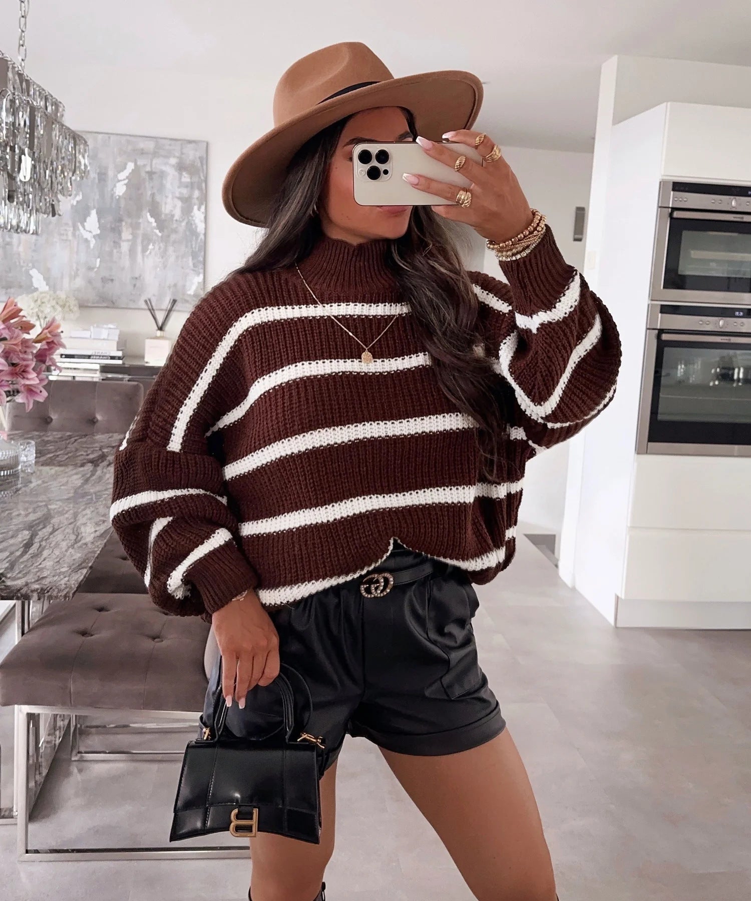 Loose striped contrast knit pullover with a semi high neck🌹