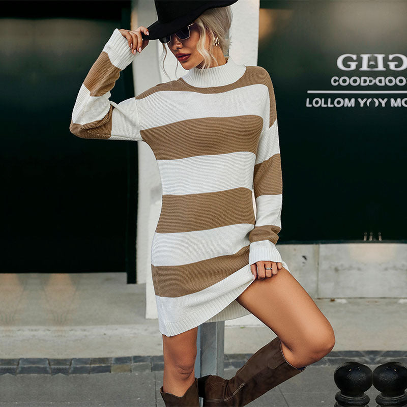 Autumn And Winter New Fashion Long-Sleeved Striped Long Sweater Dress🌹