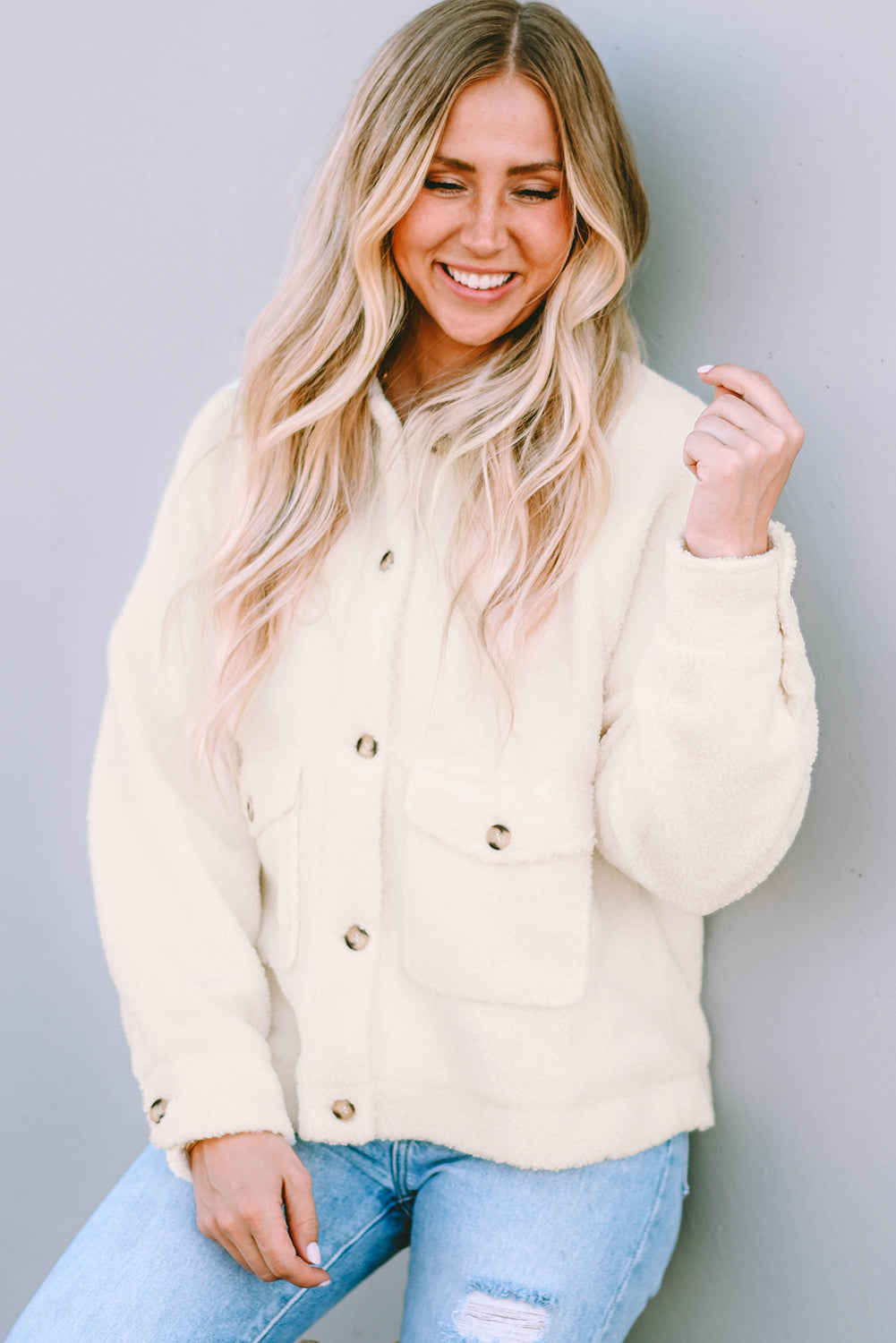 Beige Flap Button Pocket Sherpa Jacket🌹