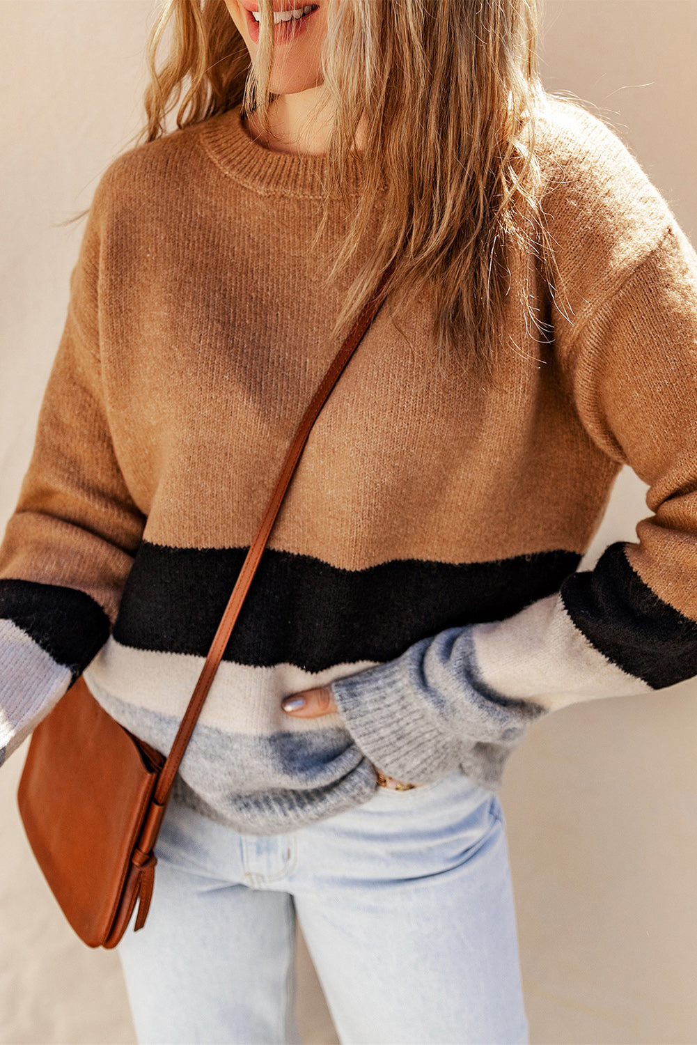 Brown Color Block Striped Ribbed Knit Sweater🌹