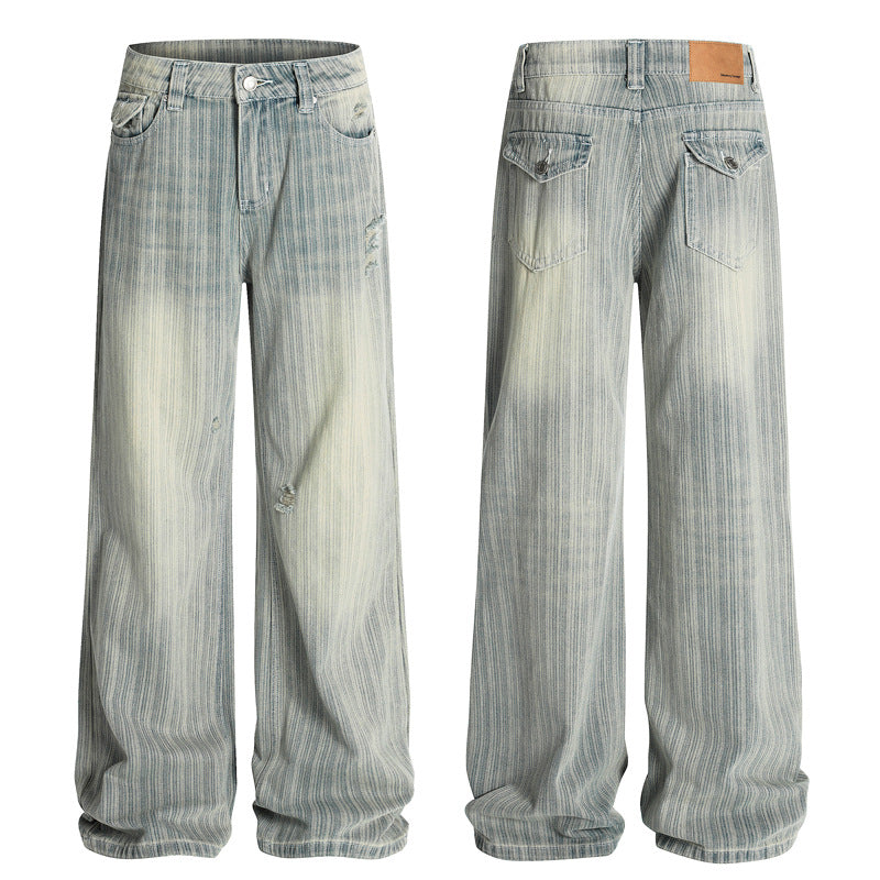 Streetwear Vintage Vertical Striped Distressed Denim Pants