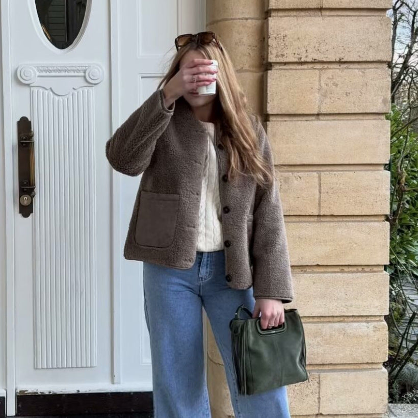 Brown round neck loose lamb plush color blocked fur one-piece coat🌹