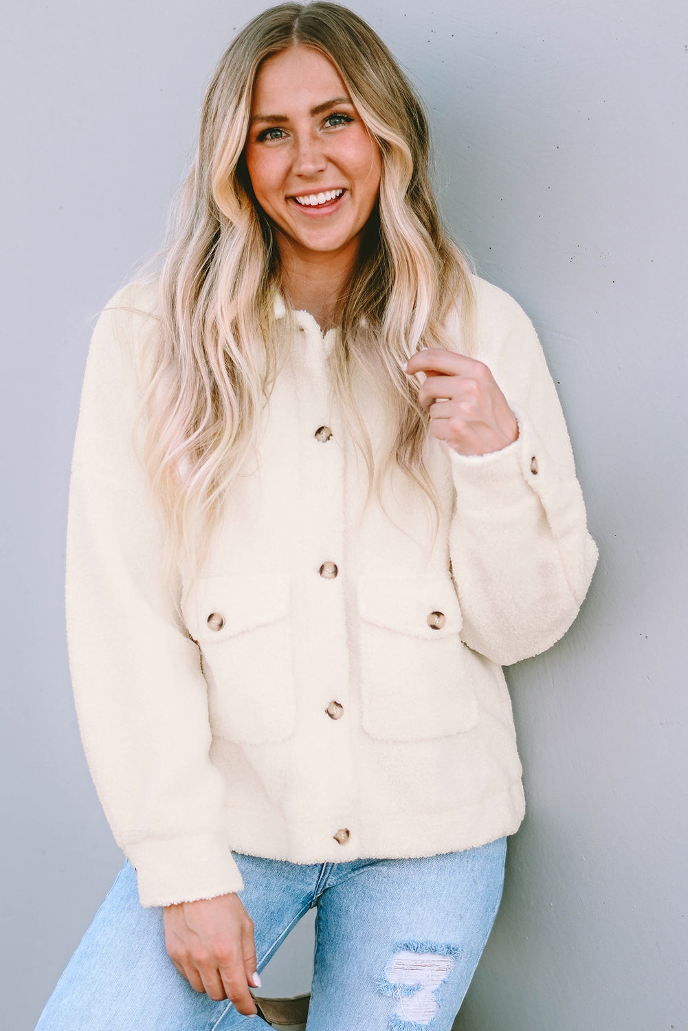 Beige Flap Button Pocket Sherpa Jacket🌹