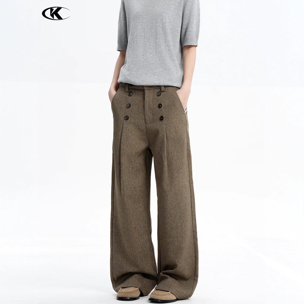 Trousers with Button Design and Pleated Loose Fit Blended Brown Casual Long Pants🌹