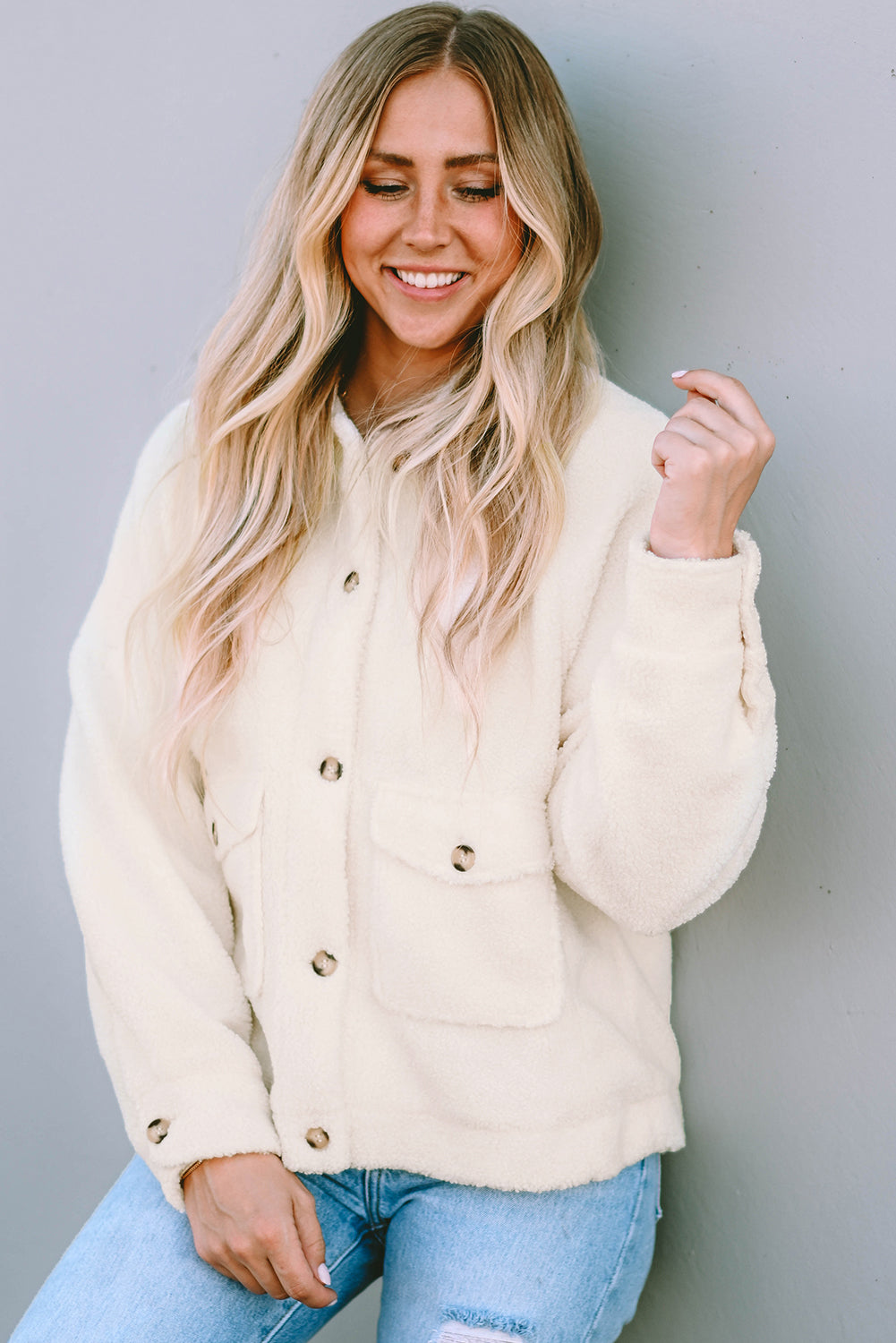 Beige Flap Button Pocket Sherpa Jacket🌹