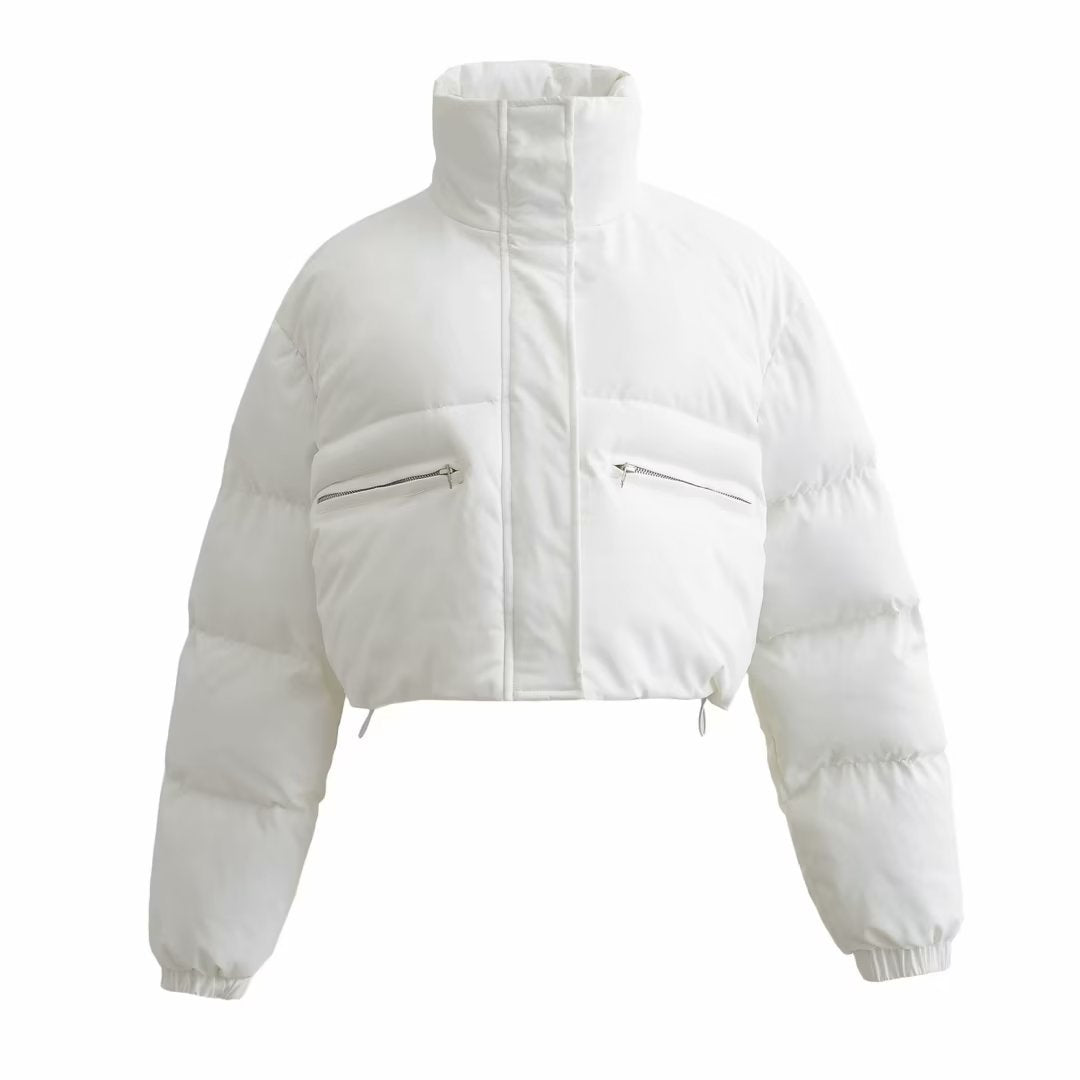 Warm short puffer jacket with high collar and zip soft light and stylish.🌹