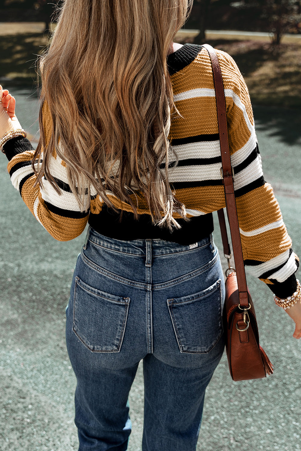 Brown Stripe Contrast Stripes V Neck Textured Knit Sweater🌹