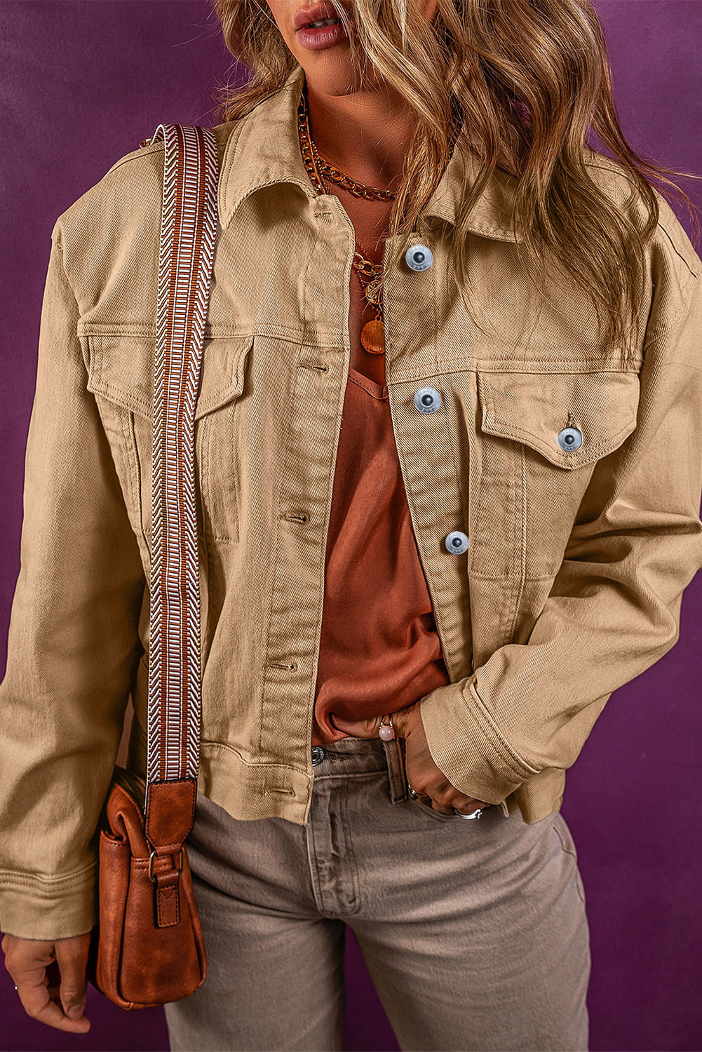 Light French Beige Solid Flap Pocket Metal Button Denim Jacket🌹