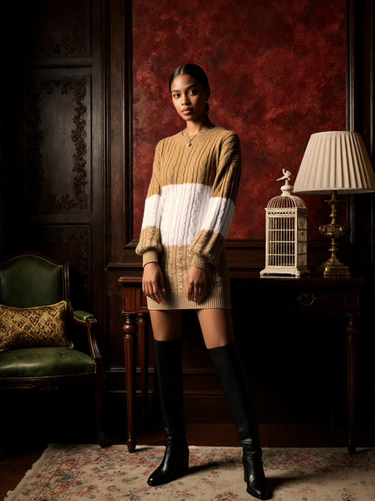 Cozy beige knit sweater dress with twisted lantern sleeves comfort meets autumn chic🌹