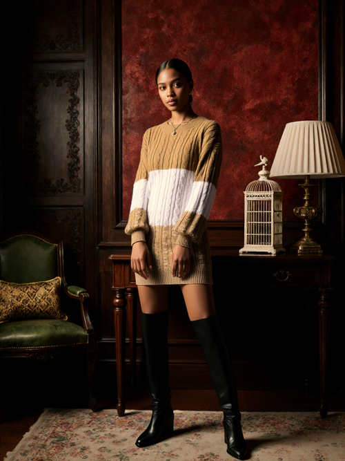 Autumn-Chic Beige Sweater Dress with Lantern Sleeves Sale: 1+1 FREE!🌹