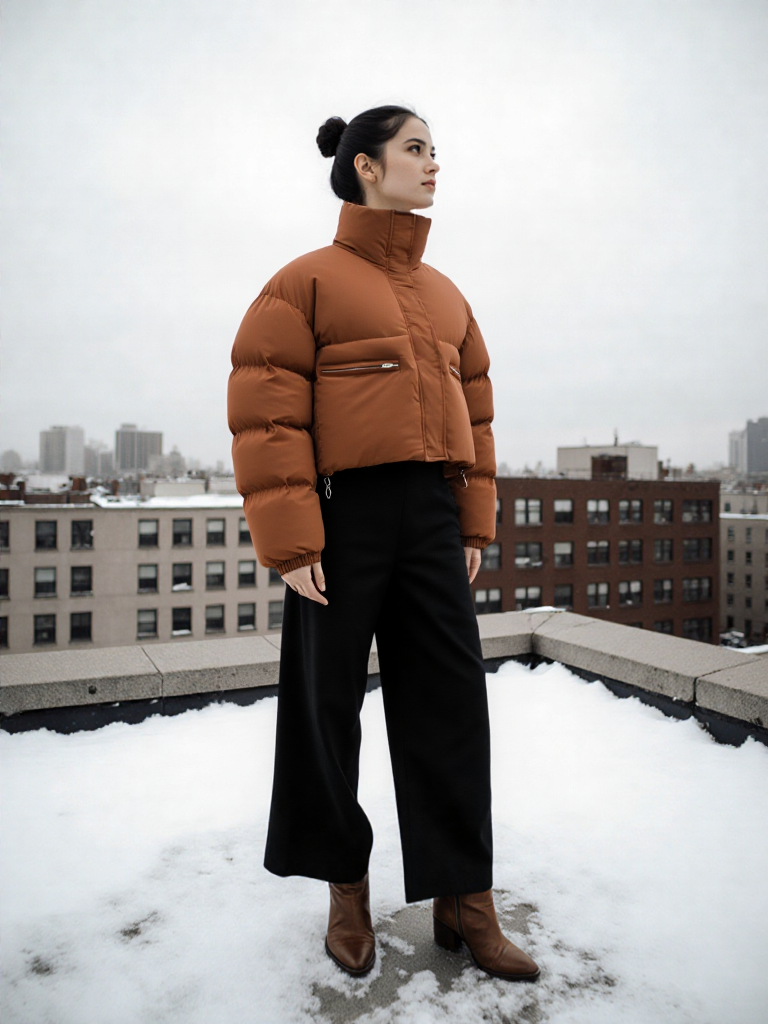 Warm short puffer jacket with high collar and zip soft light and stylish.🌹