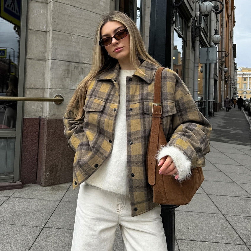 Checkered wool coat women's retro loose woolen coat🌹