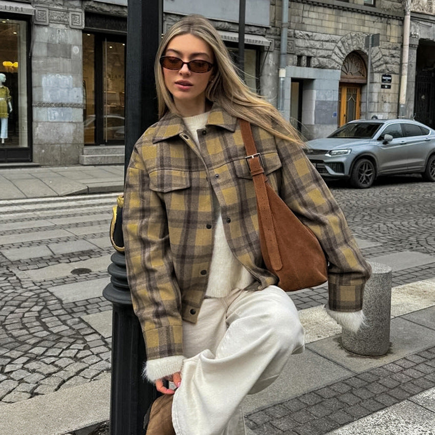 Checkered wool coat women's retro loose woolen coat🌹