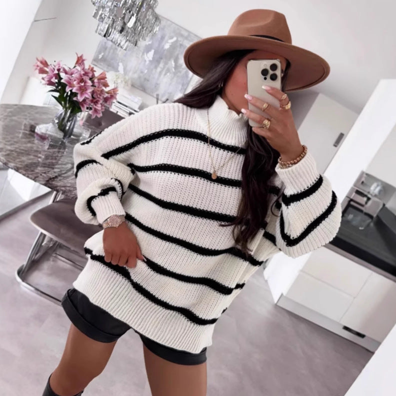 Loose striped contrast knit pullover with a semi high neck🌹