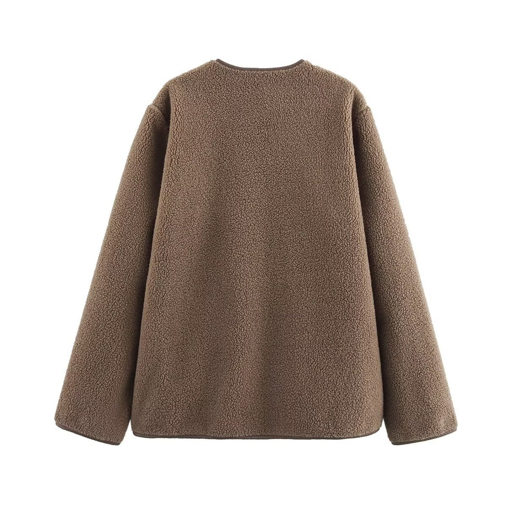 Brown round neck loose lamb plush color blocked fur one-piece coat🌹