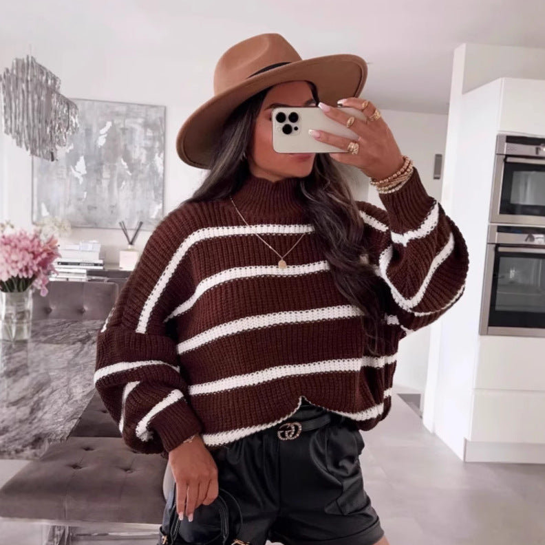 Loose striped contrast knit pullover with a semi high neck🌹