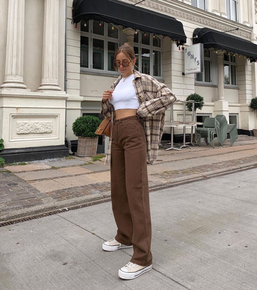 High Waist Straight Loose Brown Denim Trousers Drape Chocolate Street Hot Girl Sneakers🌹