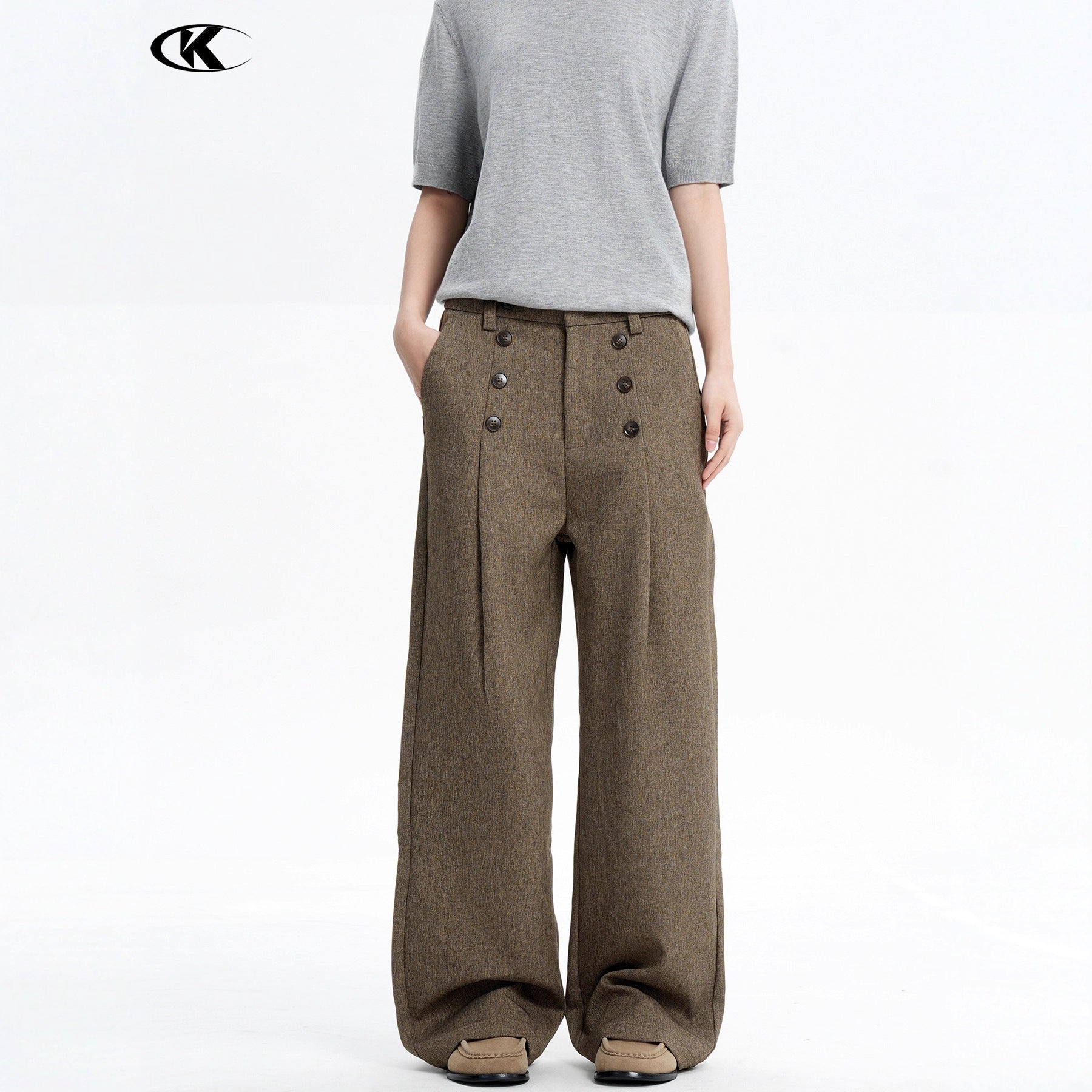 Trousers with Button Design and Pleated Loose Fit Blended Brown Casual Long Pants🌹