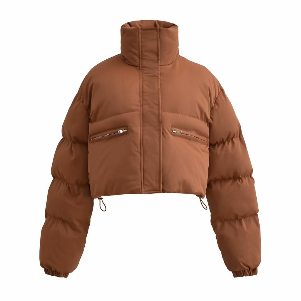 Warm short puffer jacket with high collar and zip soft light and stylish.🌹