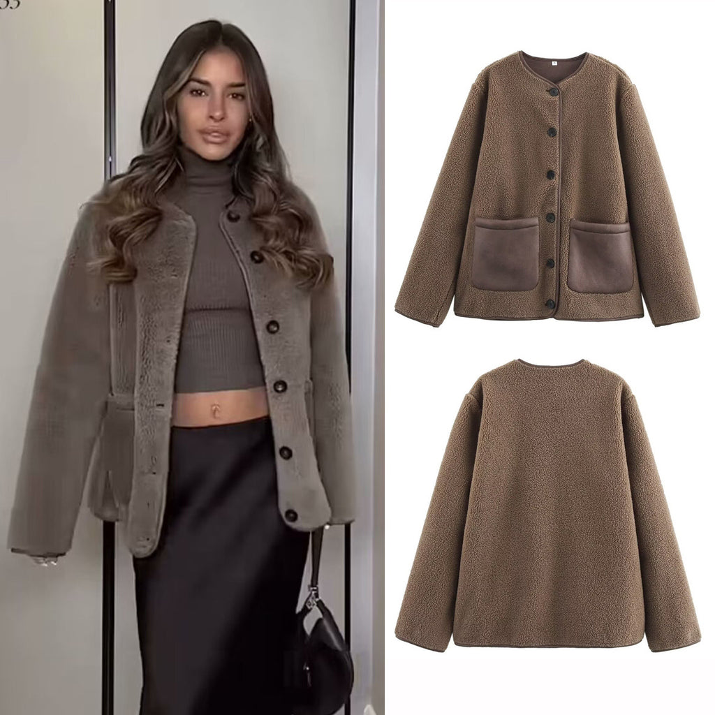 Brown round neck loose lamb plush color blocked fur one-piece coat🌹