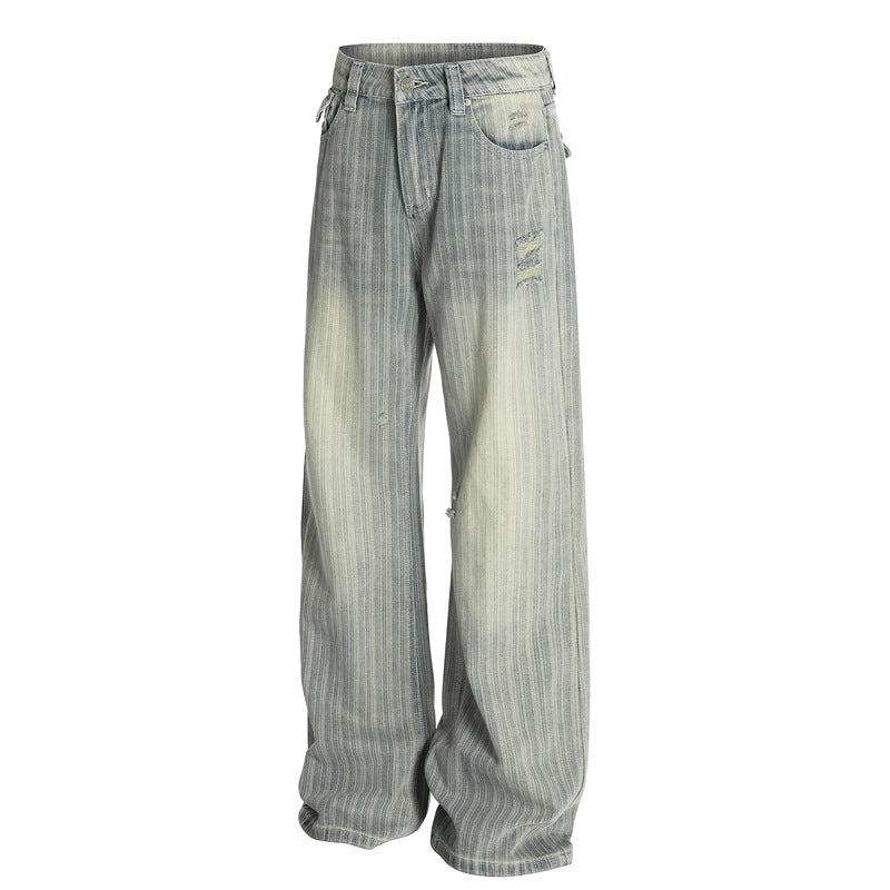 Streetwear Vintage Vertical Striped Distressed Denim Pants