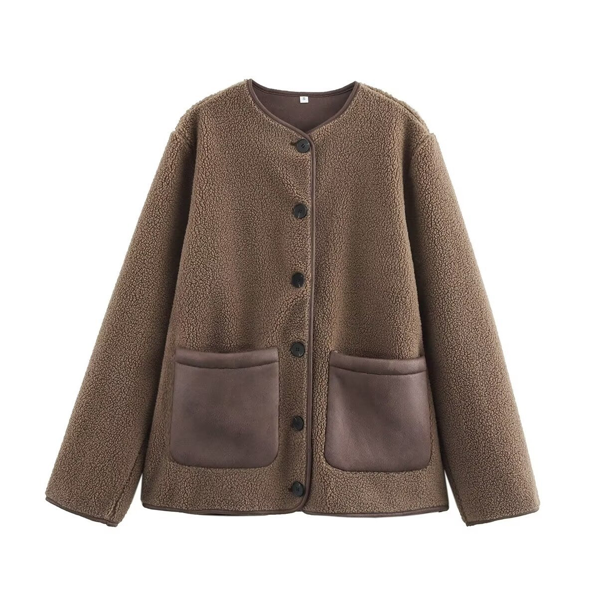 Brown round neck loose lamb plush color blocked fur one-piece coat🌹