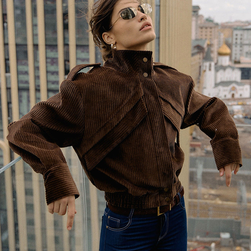 Style Brown Jacket Women's Design Sense Casual Leisure Corduroy Coat Cross-border Commuting🌹
