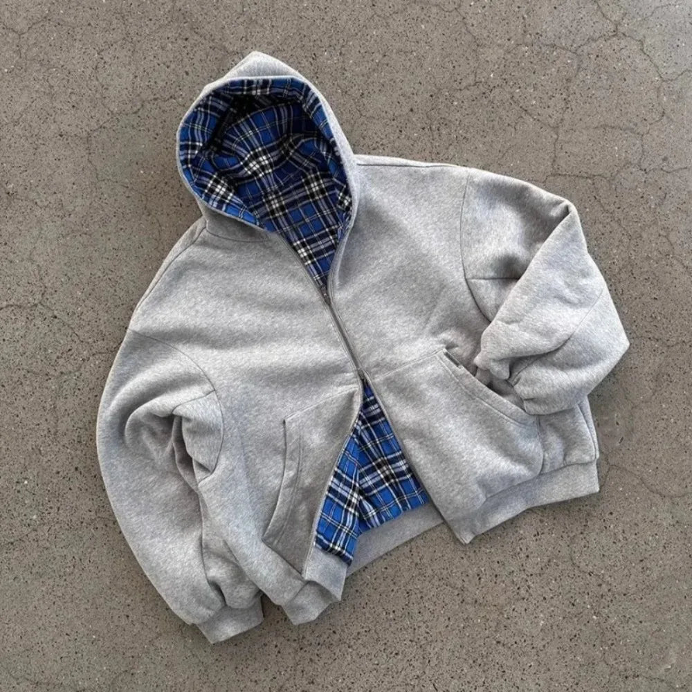 2-in-1 High Street Reversible Plaid Zip Hoodie - EstaLoco #