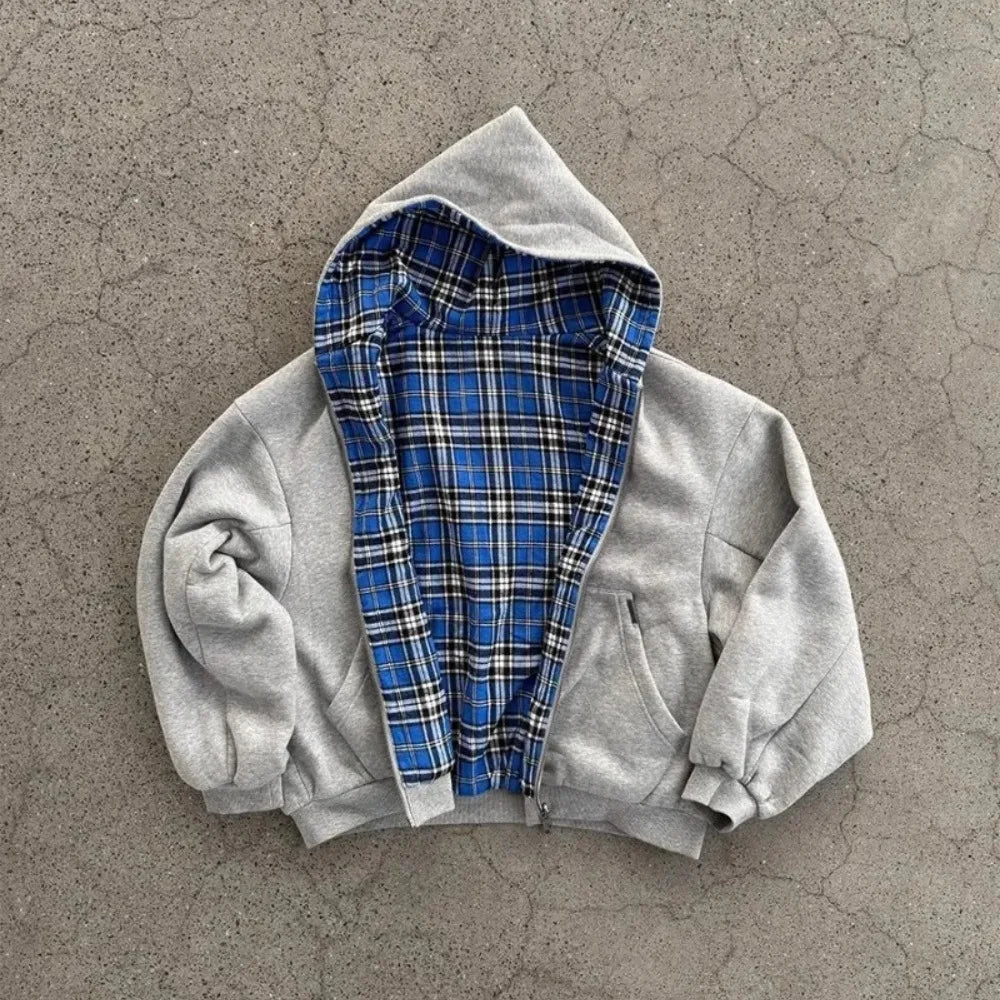 2-in-1 High Street Reversible Plaid Zip Hoodie - EstaLoco #