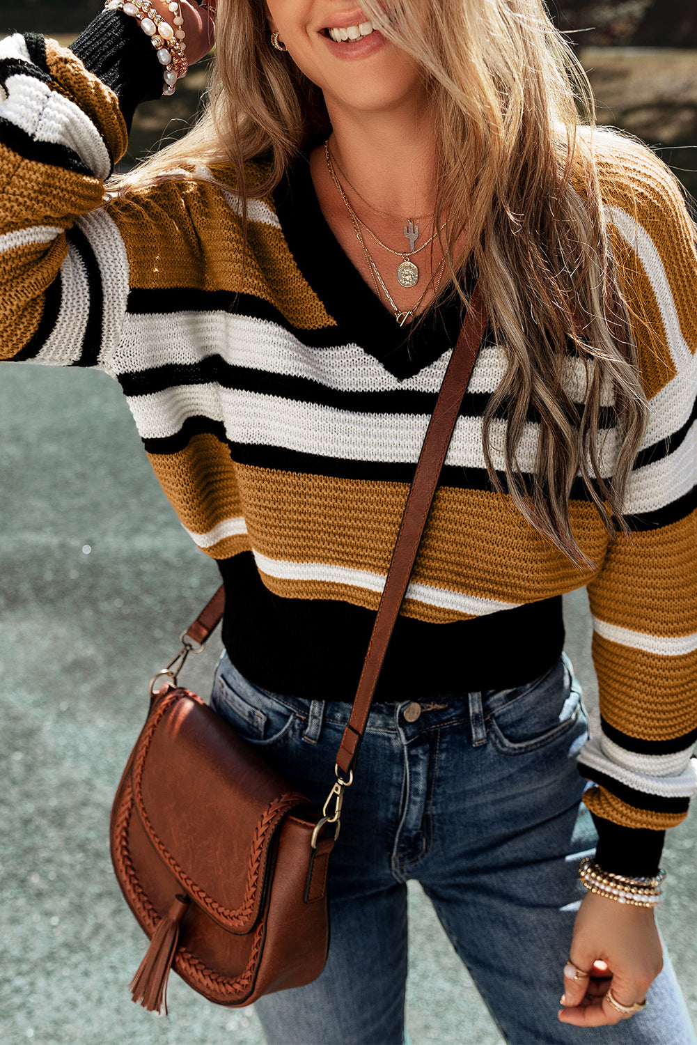 Brown Stripe Contrast Stripes V Neck Textured Knit Sweater🌹