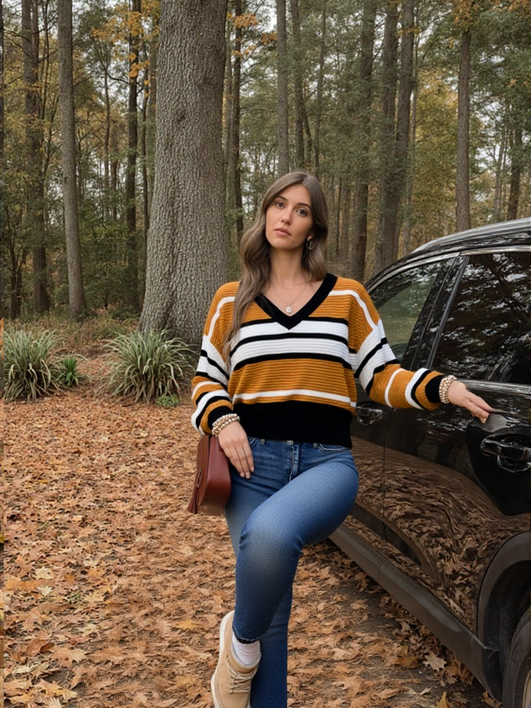 Brown Stripe Contrast Stripes V Neck Textured Knit Sweater🌹