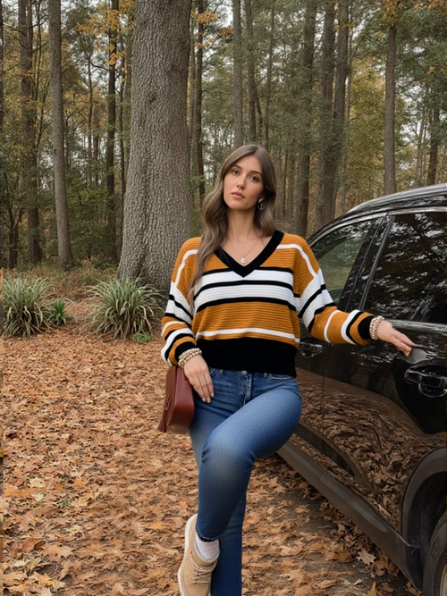 Brown Stripe Contrast Stripes V Neck Textured Knit Sweater Sale: 1+1 FREE!🌹