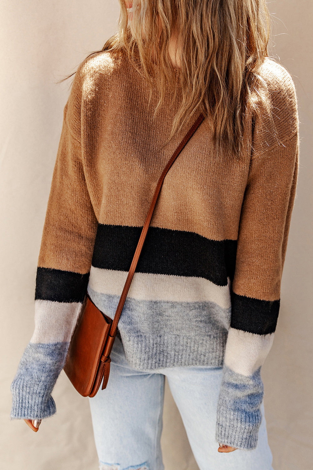 Brown Color Block Striped Ribbed Knit Sweater🌹