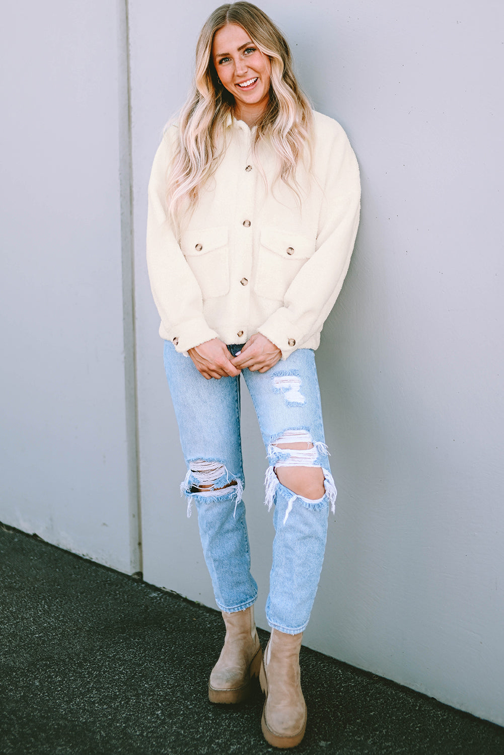 Beige Flap Button Pocket Sherpa Jacket🌹